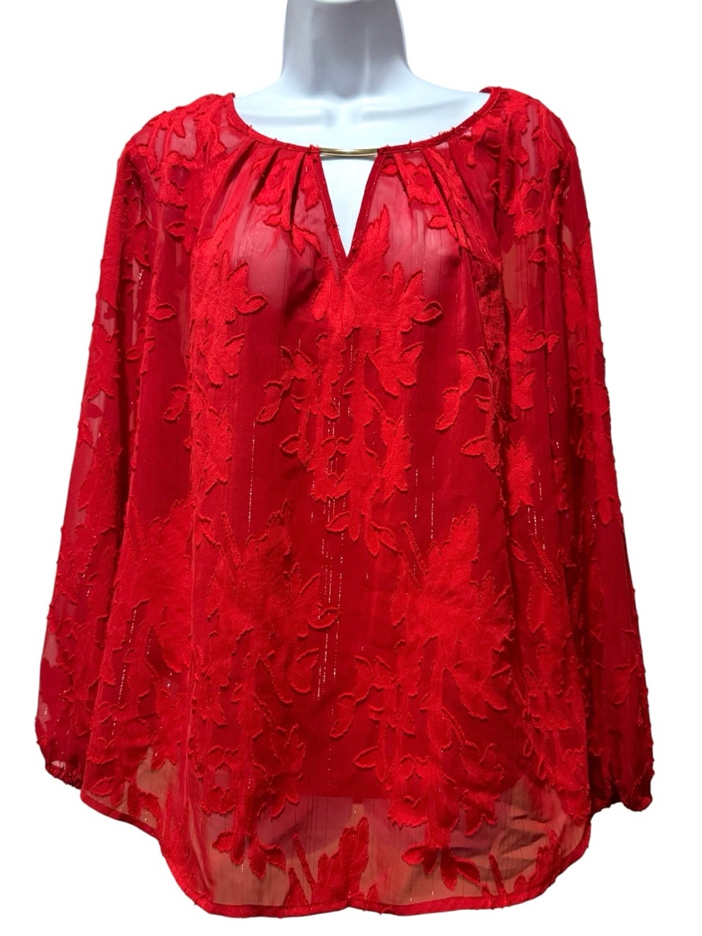NWT Liz Claiborne PXL Red Sheer Textured Blouse Gold Metallic Top